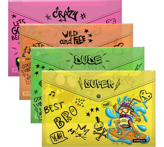 Изображение товара Набор из 4 папок-конвертов на кнопке пластиковых ErichKrause Funny Monsters, A4, ассорти 54907