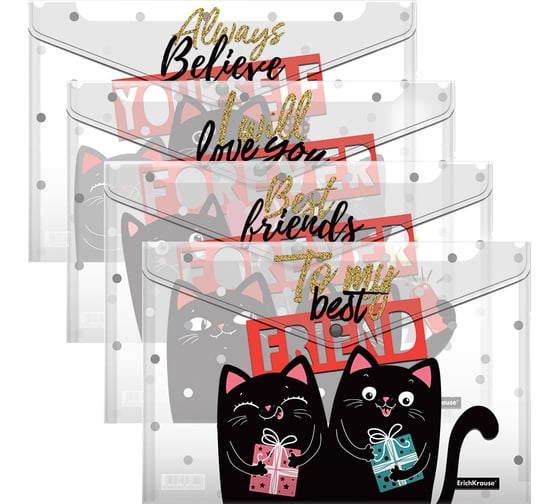 Изображение товара Набор из 4 папок-конвертов на кнопке пластиковых ErichKrause Feline Friends, A4, ассорти 54903