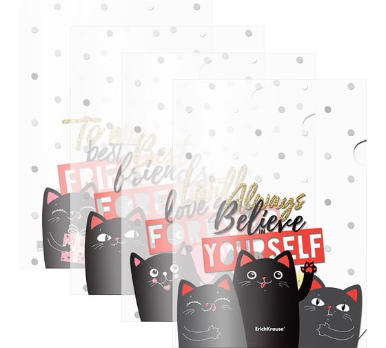 Изображение товара Набор из 4 папок-уголков пластиковых ErichKrause Feline Friends, A4, ассорти 54890
