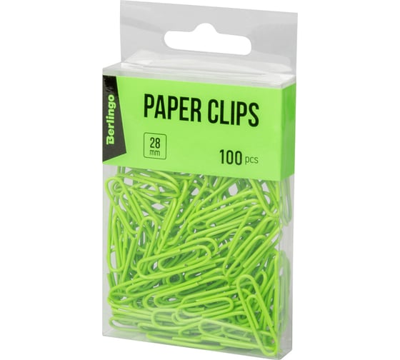Изображение товара Скрепки Berlingo, 28 мм, 24 упаковки по 100 шт , цветные, ПВХ-упаковка, зеленые DBs_28100b