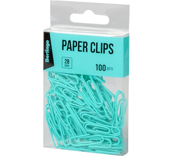 Изображение товара Цветные скрепки BERLINGO 28 мм, 100 шт, ПВХ упаковка, голубые DBs_28100d