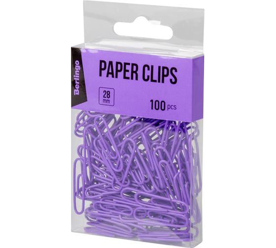 Изображение товара Цветные скрепки BERLINGO 28 мм, 100 шт, ПВХ упаковка, фиолетовые DBs_28100a