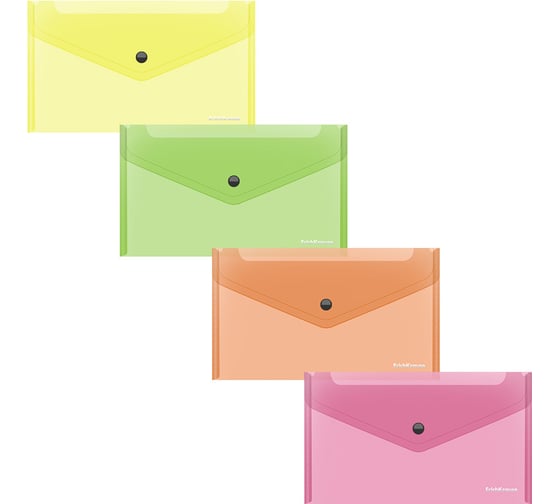 Изображение товара Папка-конверт на кнопке пластиковая ErichKrause Glossy Neon, C6, полупрозрачный, ассорти, 12 шт 50303