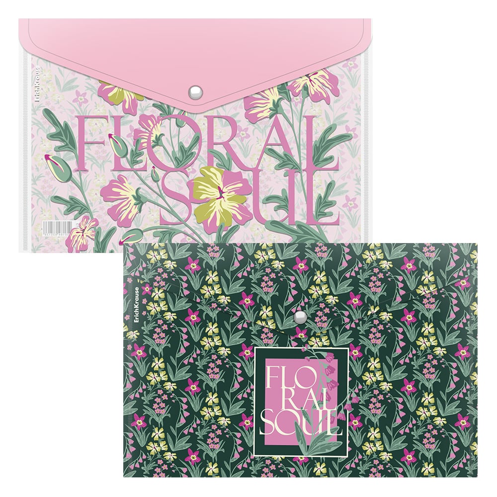 Изображение товара Папка-конверт на кнопке пластиковая ErichKrause Floral Soul, A4, ассорти, 12 шт 63513