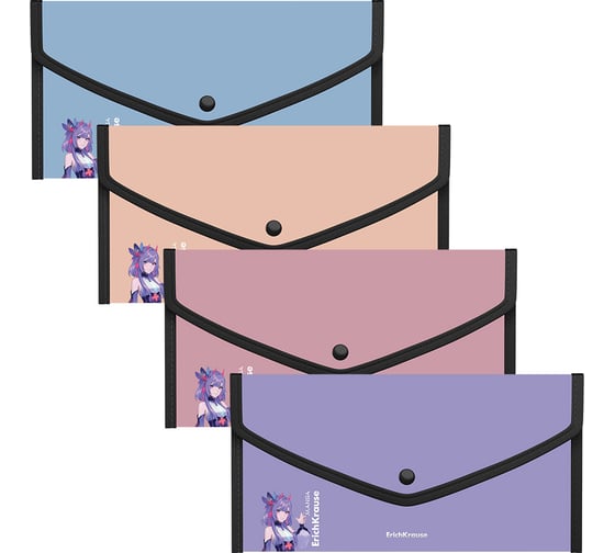 Изображение товара Папка-конверт на кнопке пластиковая ErichKrause Soft Manga, обшитая, Travel, непрозрачный, ассорти, 4 шт 61163