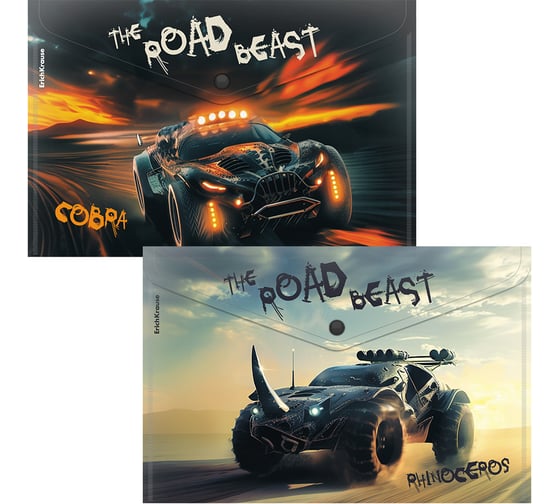 Изображение товара Папка-конверт на кнопке пластиковая ErichKrause Road Beast, A4, ассорти, 12 шт 63510