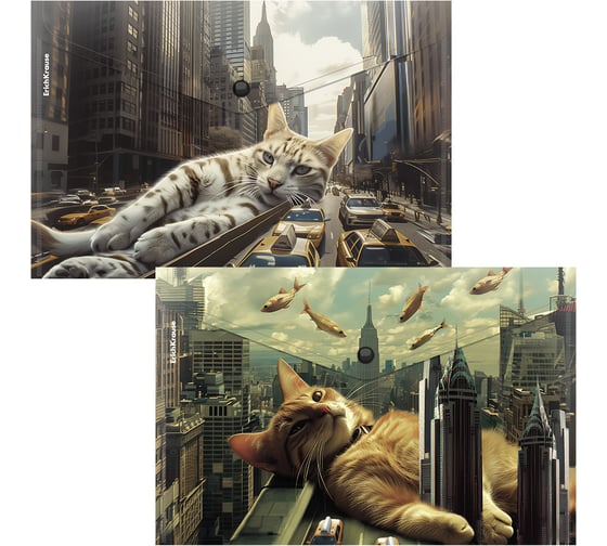 Изображение товара Папка-конверт на кнопке пластиковая ErichKrause Big City Cats, A4, ассорти, 12 шт 63511