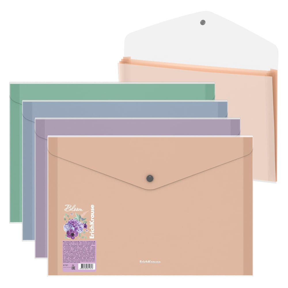 Изображение товара Пластиковая папка-конверт на кнопке A4 4 отделения прозрачная ассорти