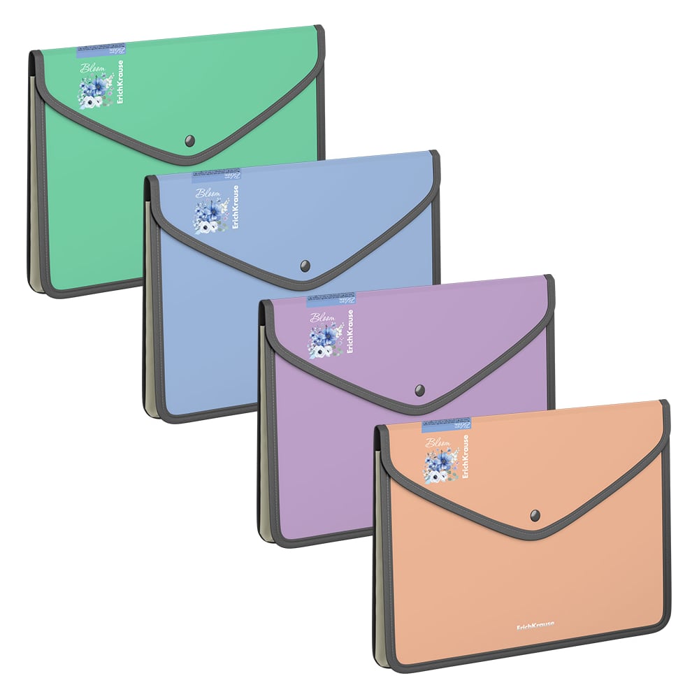 Изображение товара Пластиковая папка-конверт на кнопке ErichKrause A5+ ассорти 4 шт.