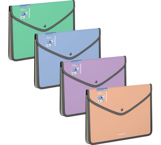 Изображение товара Папка-конверт на кнопке пластиковая ErichKrause ErichKrause Matt Pastel Bloom, обшитая, с текстильной вставкой, A5+, непрозрачный, ассорти, 4шт 61164