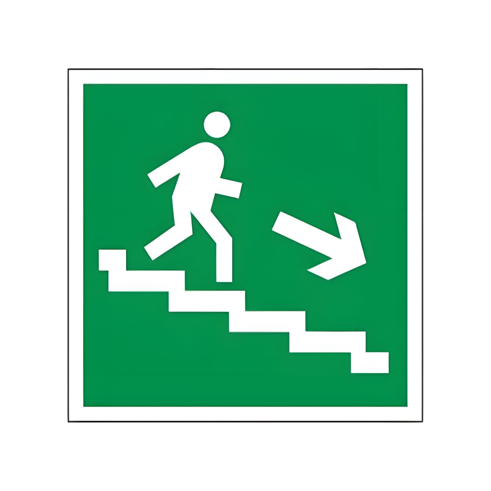 Изображение товара Знак эвакуационный ОФИСМАГ "Направление к эвакуационному выходу по лестнице НАПРАВО вниз", квадрат 200*200мм, самоклеющийся /Е13 610018