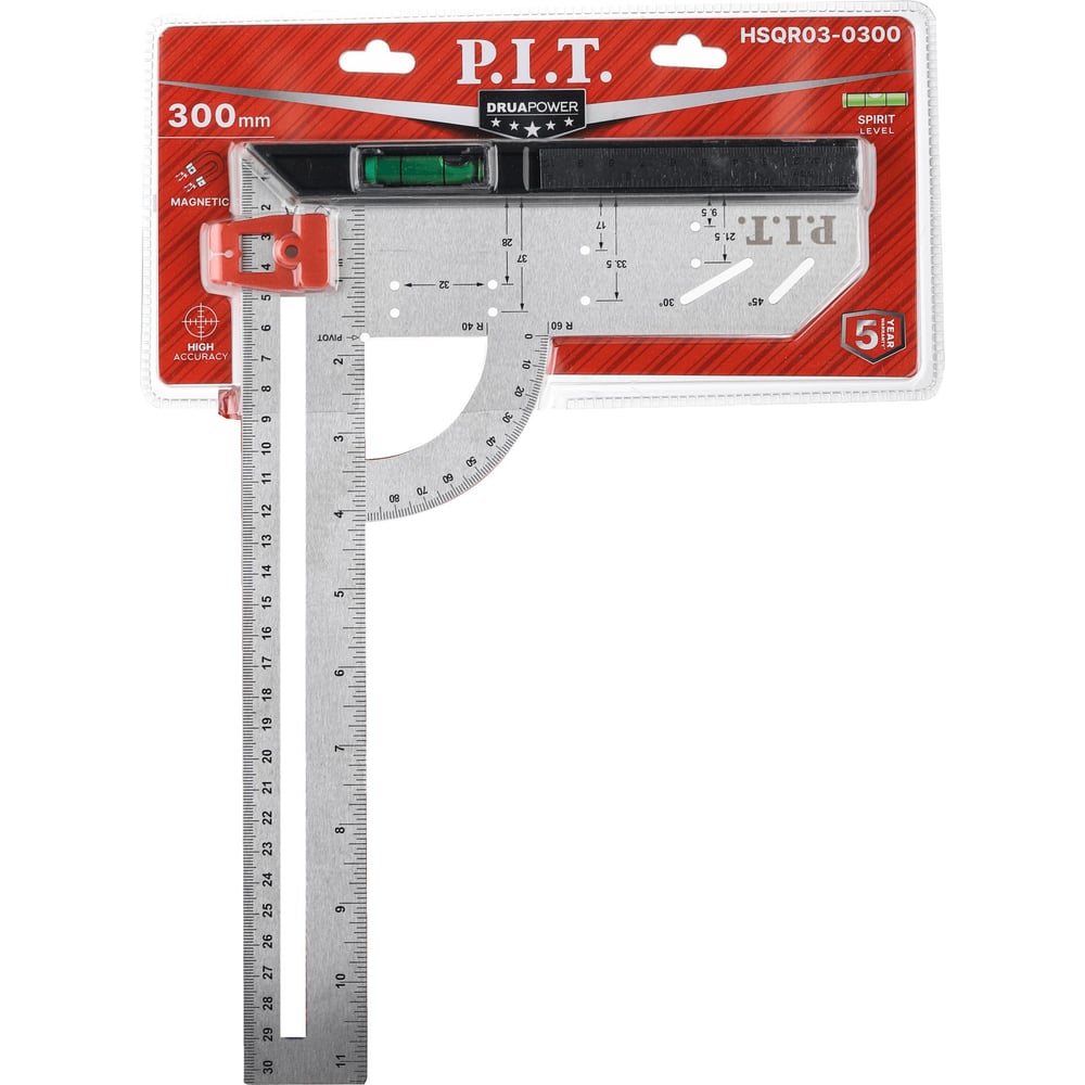 Изображение товара Угольник разметочный с магнитным уровнем P.I.T. HSQR03-0300 для точных измерений