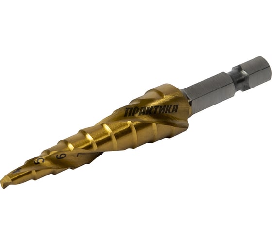 Изображение товара Сверло ступенчатое спиральное с кобальтовым покрытием по металлу (4-12 мм; шаг 1 мм; хвост.1/4) ПРАКТИКА 793-756