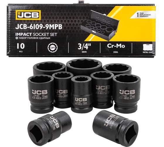 Изображение товара Набор головок ударных JCB 3/4", 10 предметов, 12 граней, 17,19,22,24,27,30,32,36,41,46 мм JCB-6109-9MPB(61733)