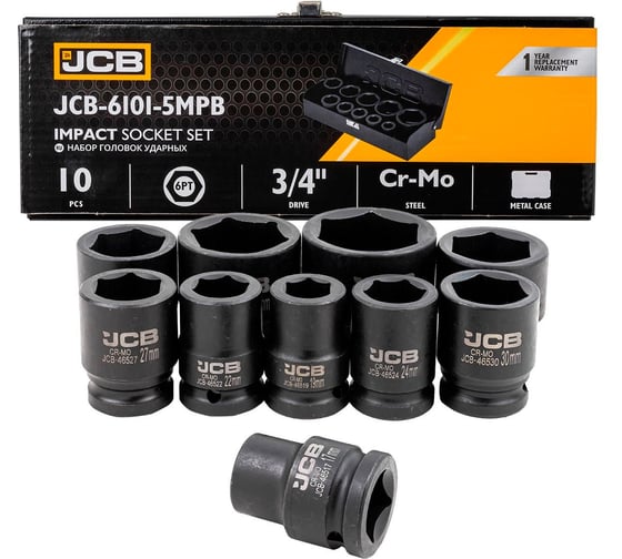 Изображение товара Набор головок ударных JCB 3/4'', 10 предметов, 6 граней, 17,19,22,24,27,30,32,36,41,46 мм, в кейсе JCB-6101-5MPB(61731)