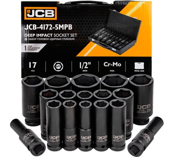 Изображение товара Набор головок ударных JCB 17 предметов 1/2'', 6граней, 10,12-19,21,22,24,27,30,32,34,36 мм, в металлическом кейсе JCB-4172-5MPB(61727)