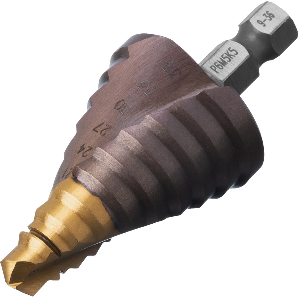 Изображение товара Сверло ступенчатое Denzel 9-36 мм R6M5К5 с шестигранным хвостовиком