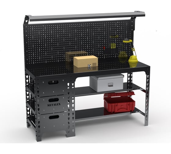 Изображение товара Стол металлический ООО Металекс серия SUN 750x1200x600, с выдвижными ящиками, перфопанелью и комплектом освещения, черный 112430