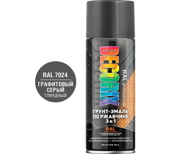 Изображение товара Аэрозольная грунт-эмаль по ржавчине 3 в 1 Decorix RAL ПРОФЕССИОНАЛЬНАЯ, 520 мл, RAL 7024, графитовый серый глянцевый 0162-7024 DX