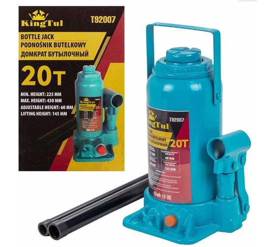 Изображение товара Домкрат бутылочный KingTul 20 т, с клапаном (h min - 225 мм, h max - 430 мм, ход штока - 145 мм, ход винта - 60 мм) KT-T92007(52687)