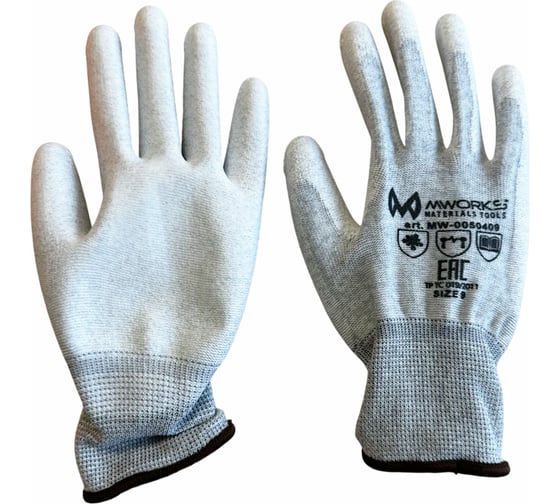 Изображение товара Перчатки сборщика повышенной чувствительности с PU покрытием с антистатическми эффектом MWORKS белые MW ESD PU size 9 MW-0050409