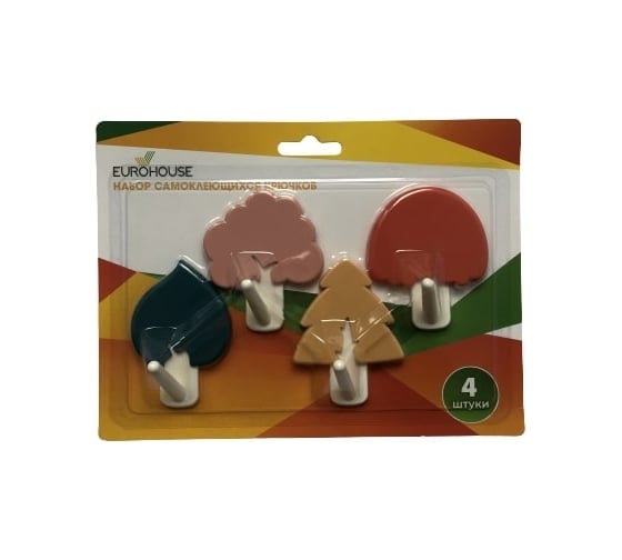 Изображение товара Набор самоклеящихся крючков EUROHOUSE цветные, 4 шт. 14124