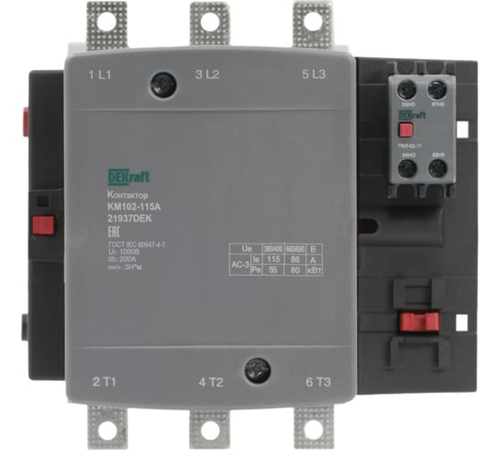 Изображение товара Контактор Dekraft 115А 220В_АС АС3_ АС4 1НО+1НЗ КМ-102 21937DEK