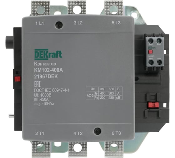 Изображение товара Контактор Dekraft 400А 220В_АС АС3_ АС4 1НО+1НЗ КМ-102 21967DEK