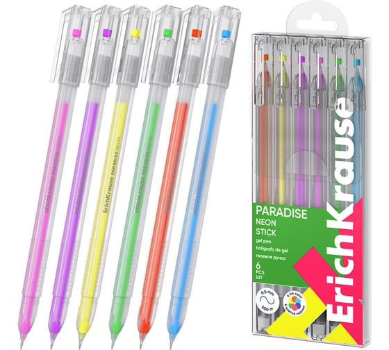 Изображение товара Набор гелевых ручек ErichKrause 6 штук Paradise Stick Neon 0.6, цвет чернил ассорти (в пэт-боксе) 61309