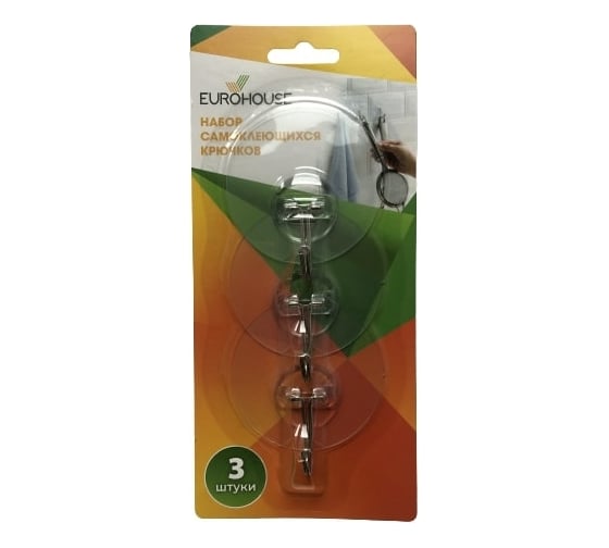 Изображение товара Набор самоклеящихся крючков EUROHOUSE прозрачные, 3 шт. 14125