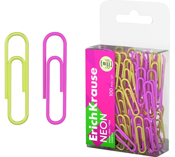 Изображение товара Металлические скрепки ErichKrause с виниловым покрытием Neon, 28 мм, ассорти (в пэт-боксе по 100 шт.) 62043