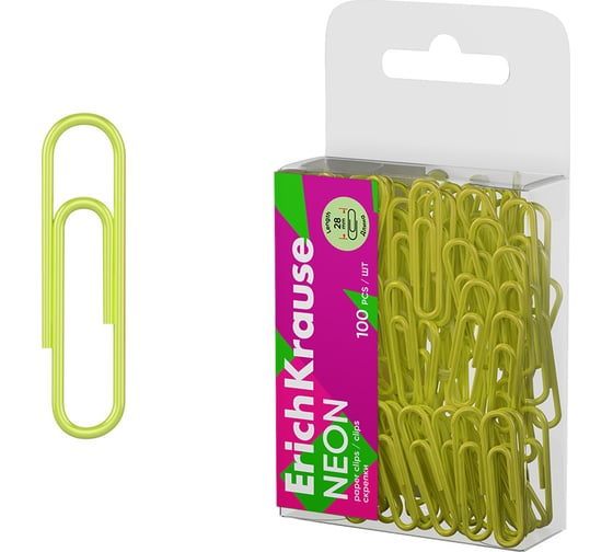 Изображение товара Металлические скрепки ErichKrause с виниловым покрытием Neon, 28 мм, желтый (в пэт-боксе по 100 шт.) 62041