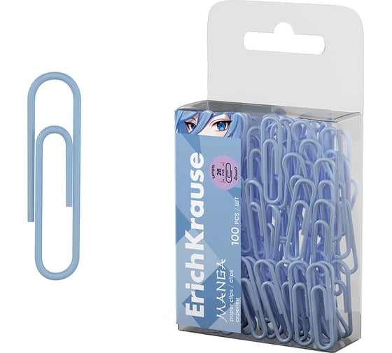 Изображение товара Металлические скрепки ErichKrause с виниловым покрытием Manga, 28 мм, Pale Blue (в пэт-боксе по 100 шт.) 62047