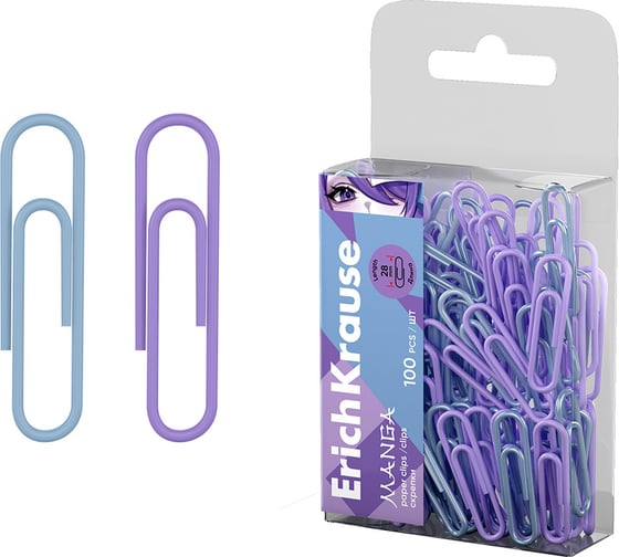 Изображение товара Металлические скрепки ErichKrause с виниловым покрытием Manga, 28 мм, ассорти (в пэт-боксе по 100 шт.) 62049