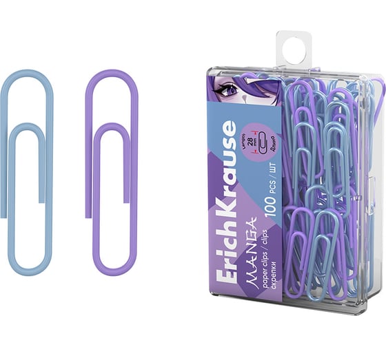 Изображение товара Металлические скрепки ErichKrause с виниловым покрытием Manga, 28 мм, ассорти ( в пластиковой коробке 100 шт.) 62052