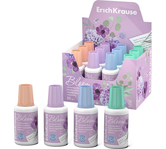 Изображение товара Корректирующая жидкость ErichKrause Pastel Bloom с кисточкой, 20 г, ассорти (в картонном дисплее по 12 шт.) 61927