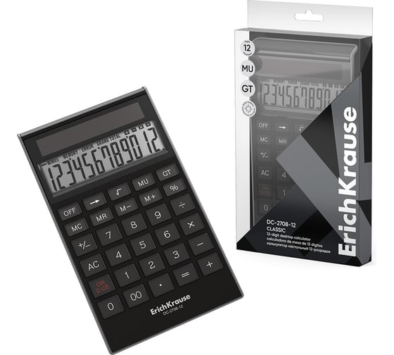Изображение товара Настольный калькулятор ErichKrause 12-разрядов DC-2708-12 Classic, черный (в пэт-боксе по 1 шт.) 62003