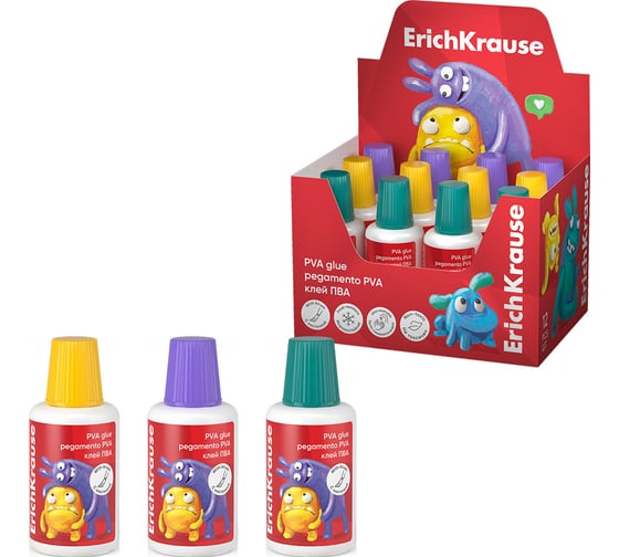 Изображение товара Клей ErichKrause EasyStick ПВА Jolly Friends, с кисточкой, 20мл, ассорти (в дисплее по 12 шт.) 61288