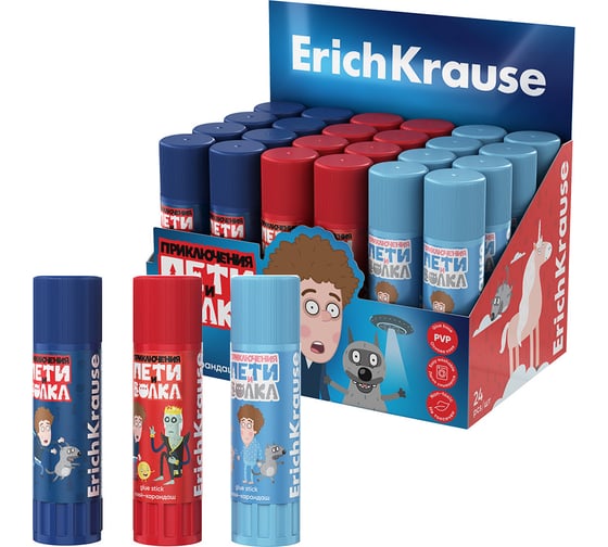 Изображение товара Клей-карандаш ErichKrause EasyStick Приключения Пети и Волка, 13г, ассорти (в коробке-дисплее по 24 шт.) 60501