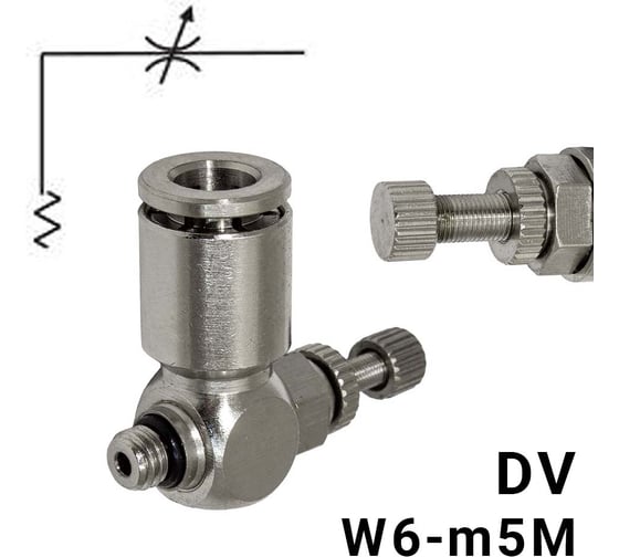Изображение товара Пневмодроссель без обратного клапана PI TOOLS регулировка винтом, цанга 6-М5х0,8М, артикул 9046