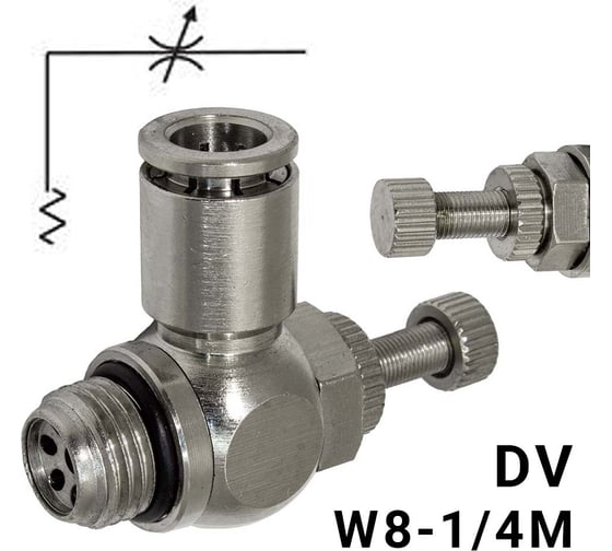 Изображение товара Пневмодроссель без обратного клапана PI TOOLS регулировка винтом, цанга 8-1/4М, артикул 8988