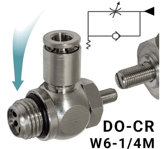 Изображение товара Пневмодроссель для распределителя PI TOOLS регулировка отверткой, цанга 6-1/4М, артикул 9053