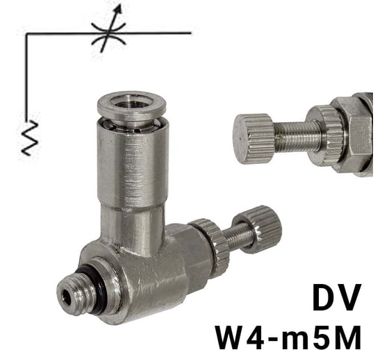 Изображение товара Пневмодроссель без обратного клапана PI TOOLS регулировка винтом, цанга 4-М5х0,8М, артикул 9039