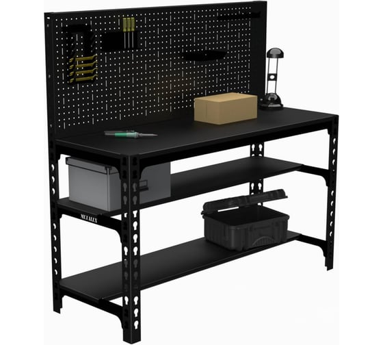 Изображение товара Стол металлический ООО Металекс 750x1400x600 + две полки + перфопанель с комплектом аксессуаров (чёрный) / 112341