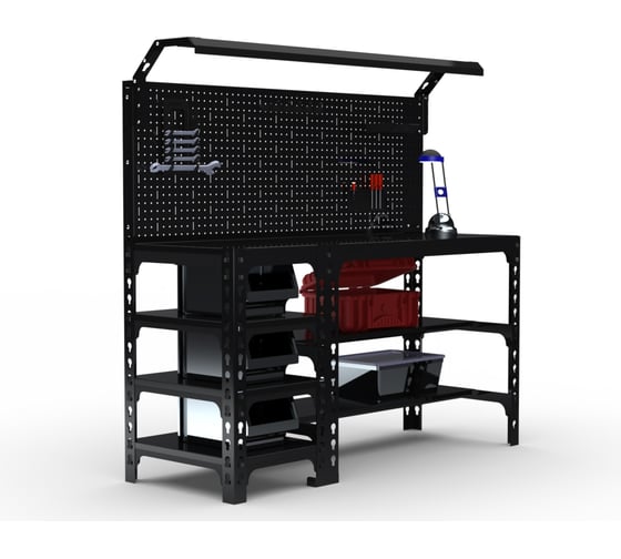 Изображение товара Стол металлический ООО Металекс серия SUN 750x1200x500 (с бок. полками, перфопанелью и комплектом освещения) чёрный / 112418