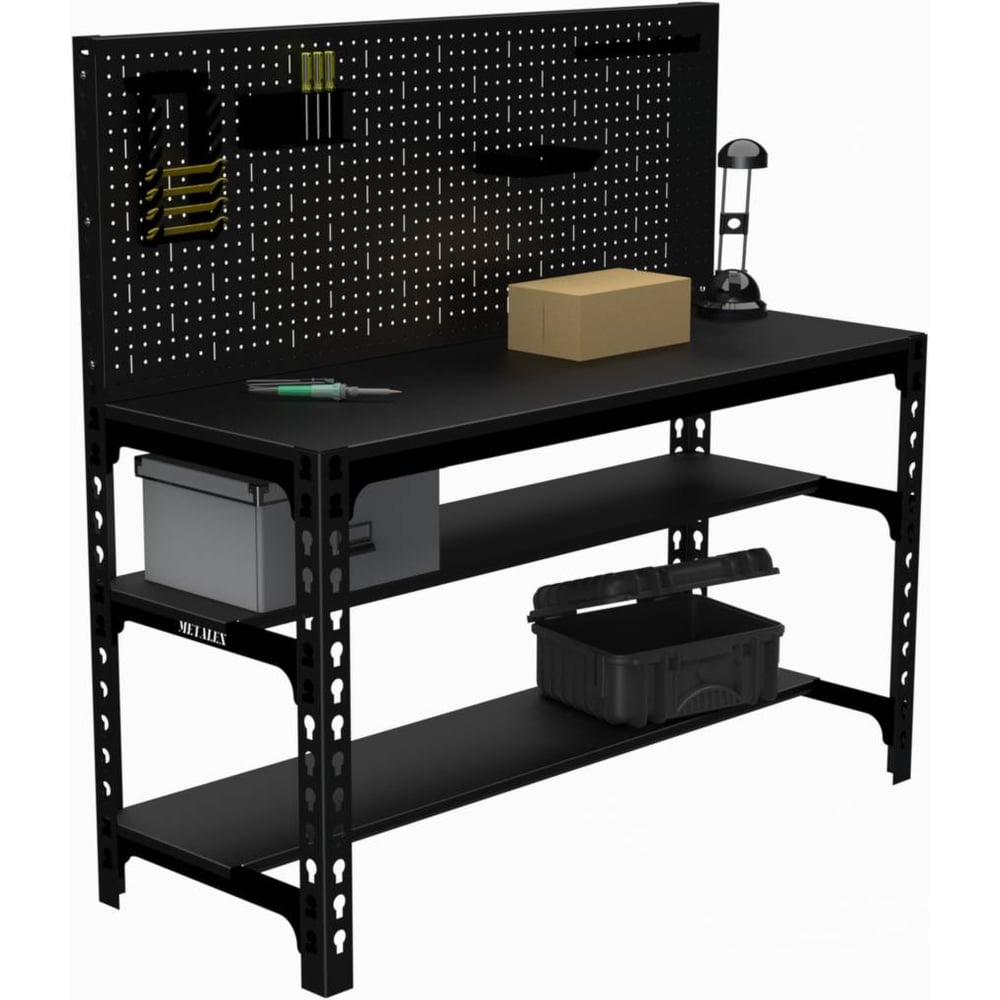 Изображение товара Металлический рабочий стол ООО Металекс 750x1300 мм с полками и аксессуарами черный