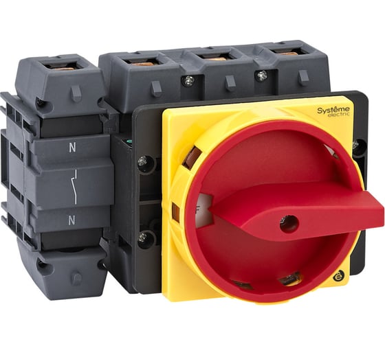 Изображение товара Выключатель разъединитель Systeme Electric 4P 125A IP20, с красной рукояткой на дверцу, 4 винтами С ЗАМКОМ MSD125410R