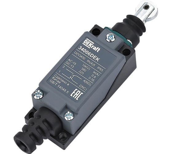 Изображение товара Концевой выключатель DEKraft КВ-303, 1НО1НЗ, плунжер роликового типа с горизонтальным включением 34006DEK