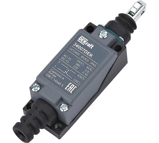 Изображение товара Концевой выключатель металлический Dekraft 1НО1НЗ Плунжер роликового типа с вертикальным включением 34007DEK