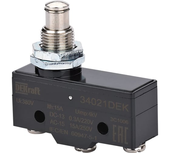 Изображение товара Миниатюрный концевой выключатель DEKraft КВ-301, 1НО1НЗ, длинного плунжерного типа 34021DEK